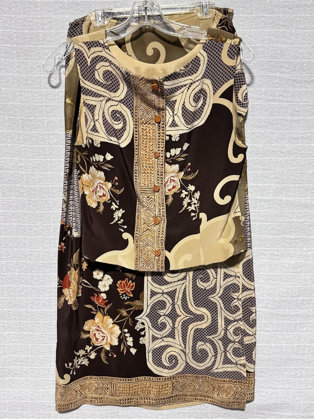 Donna Morgano 2-Piece Silk Top & Skirt Set Floral Brown/Beige Women’s 8